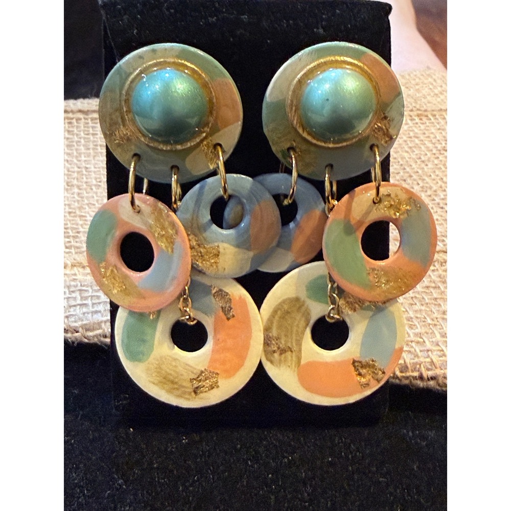 MAM 80s Geometric artisan Hand Painted Pastel Statement Dangle Earrings